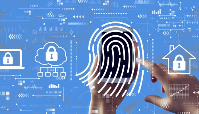 Fingerprint scanning theme with person holding a white smartphone